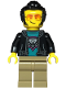 Minifig No: cty1814  Name: Sports Car Driver - Male, Black Jacket over Dark Turquoise Shirt with Hawk Head Logo, Dark Tan Legs, Black Hair, Sunglasses