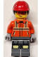 Minifig No: cty1818  Name: Construction Worker - Female, Reddish Orange Safety Jacket with Reflective Stripes, Dark Bluish Gray Legs with Knee Pads, Red Construction Helmet with Dark Brown Ponytail Hair, Safety Glasses