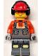 Minifig No: cty1819  Name: Construction Worker - Male, Reddish Orange Safety Jacket, Reflective Stripe, Dark Bluish Gray Overalls, Red Construction Helmet with Black Ear Protectors / Headphones, Safety Glasses