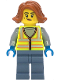 Minifig No: cty1859  Name: Scrapyard Worker - Female, Neon Yellow Safety Vest with Reflective Stripes, Sand Blue Legs, Dark Orange Hair, Beauty Mark