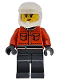 Minifig No: cty1864  Name: Formula 1 Pit Crew Member - Female, Reddish Orange Racing Suit with Pockets, Dark Bluish Gray Legs, White Dirt Bike Helmet, Freckles
