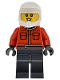 Minifig No: cty1865  Name: Formula 1 Pit Crew Member - Female, Reddish Orange Racing Suit with Pockets, Dark Bluish Gray Legs, White Dirt Bike Helmet