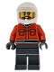 Minifig No: cty1867  Name: Formula 1 Pit Crew Member - Male, Reddish Orange Racing Suit with Pockets, Dark Bluish Gray Legs, White Dirt Bike Helmet, Beard and Moustache