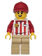 Minifig No: cty1868  Name: Hot Dog Soapbox Race Car Driver (Vendor) - Female, Red and White Striped Shirt, Tan Legs, Red Ball Cap with Reddish Brown Ponytail