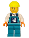 Minifig No: cty1869  Name: Toilet Soapbox Race Car Driver (Plumber) - Male, Dark Turquoise Overalls with Toilet Logo, Dark Turquoise Legs, Neon Yellow Construction Helmet, Stubble