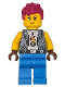 Minifig No: cty1870  Name: Soapbox Race Car Mechanic - Female, Sand Blue Vest, Dark Azure Legs, Magenta Messy Hair, Freckles