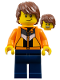 Minifig No: cty1871  Name: Soapbox Race Reporter - Male, Orange Jacket with Panels and Zipper, Dark Blue Legs, Reddish Brown Tousled Hair