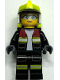 Minifig No: cty1873  Name: Fire - Female, Black Open Jacket and Legs with Reflective Stripes and Red Collar, Neon Yellow Fire Helmet, Trans-Clear Visor
