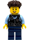 Minifig No: cty1887  Name: Police - City Officer Female, Black Safety Vest with Silver Star Badge Logo, Dark Blue Legs, Dark Brown Coiled Hair