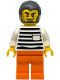 Minifig No: cty1890  Name: Police - City Jail Prisoner Male, White Shirt with Pocket and Black Stripes, Orange Legs, Dark Bluish Gray Hair