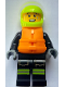 Minifig No: cty1891  Name: Fire - Male, Black Jacket and Legs with Reflective Stripes and Red Collar, Neon Yellow Helmet, Trans-Clear Visor, Orange Life Jacket