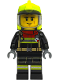 Minifig No: cty1903  Name: Fire - Male, Black Jacket and Legs with Reflective Stripes and Red Collar, Neon Yellow Fire Helmet, Trans-Clear Visor