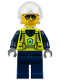Minifig No: cty1911  Name: Police - City Officer Male, Neon Yellow Safety Vest, Dark Blue Legs, White Flight Helmet, Trans-Clear Visor, Neck Bracket