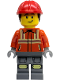 Minifig No: cty1919  Name: Construction Worker - Male, Reddish Orange Safety Jacket with Reflective Stripes, Dark Bluish Gray Legs with Knee Pads, Red Construction Helmet with Dark Brown Short Curly Hair