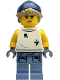 Minifig No: cty1920  Name: Tow Truck Operator - Female, White Sleeveless Shirt with Oil Stains, Sand Blue Legs with Shirt Sleeves with Oil Stains, Dark Blue Beanie, Dark Tan Hair