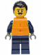 Minifig No: cty1922  Name: Police - City Officer Male, Neon Yellow Safety Vest, Dark Blue Legs, Black Combed Back Hair, Orange Life Jacket, Moustache