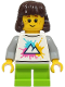 Minifig No: cty1927  Name: Child - Girl, White Shirt with Mountains Logo, Lime Short Legs, Dark Brown Hair