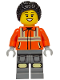 Minifig No: cty1940  Name: Construction Worker - Female, Reddish Orange Safety Jacket with Reflective Stripes, Dark Bluish Gray Legs with Knee Pads, Black Hair Braided with Knot Bun