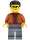 Minifig No: cty1945  Name: EV Supercar Driver - Male, Dark Orange Jacket, Dark Bluish Gray Legs, Black Coiled Hair