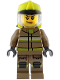 Minifig No: cty1947  Name: Fire - Female, Dark Tan Jacket and Legs with Reflective Stripes, Neon Yellow Fire Helmet, Trans-Clear Visor, Nougat Lips Smirk