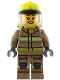 Minifig No: cty1949  Name: Fire - Female, Dark Tan Jacket and Legs with Reflective Stripes, Neon Yellow Fire Helmet, Trans-Clear Visor, Open Mouth Smile