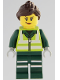 Minifig No: cty1965  Name: Recycling Worker - Female, Lime Safety Jacket with Reflective Stripes, Dark Green Legs with Reflective Stripes, Dark Brown Ponytail and Swept Sideways Fringe