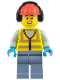 Minifig No: cty2007  Name: Airport Worker - Male, Neon Yellow Safety Vest with Reflective Stripes, Sand Blue Legs, Red Construction Helmet with Black Ear Protectors / Headphones