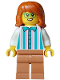 Minifig No: cty2015  Name: Ice Cream Vendor - Female, White Shirt with Dark Turquoise Stripes, Medium Nougat Legs, Dark Orange Hair, Green Glasses