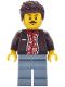 Minifig No: cty2036  Name: Car Wash Patron - Male, Dark Brown Jacket over Red Hawaiian Shirt, Sand Blue Legs, Dark Brown Hair