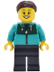 Minifig No: cty2037  Name: Car Wash Patron - Female, Dark Turquoise Track Suit, Black Legs, Dark Brown Hair