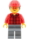 Minifig No: cty2040  Name: Mobile Crane Operator - Female, Red Plaid Flannel Shirt, Dark Bluish Gray Legs, Red Construction Helmet with Dark Brown Ponytail Hair, Safety Glasses