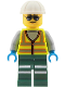 Minifig No: cty2041  Name: Train Worker - Male, Neon Yellow Safety Vest with Reflective Stripes, Dark Green Legs with Reflective Stripes, White Construction Helmet, Sunglasses