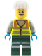 Minifig No: cty2042  Name: Train Worker - Male, Neon Yellow Safety Vest with Reflective Stripes, Dark Green Legs with Reflective Stripes, White Construction Helmet, Sweat Drops