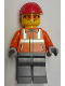 Minifig No: cty2047  Name: Construction Worker - Male, Reddish Orange Safety Jacket with Reflective Stripes, Dark Bluish Gray Legs, Red Construction Helmet, Safety Glasses