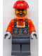 Minifig No: cty2049  Name: Construction Worker - Male, Dark Bluish Gray Overalls over Reddish Orange Safety Jacket with Reflective Stripes, Dark Bluish Gray Legs, Red Construction Helmet, Dark Orange Beard