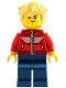 Minifig No: drm008  Name: Cooper - Red Racing Jacket, Dark Blue Legs