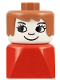 Minifig No: dupfig030  Name: Duplo 2 x 2 x 2 Figure Brick Early, Female on Red Base, Fabuland Brown Hair, Eyelashes, Nose