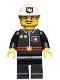 Minifig No: firec009  Name: Fire - Flame Badge and 2 Buttons, Black Legs, White Fire Helmet with Fire Logo