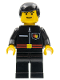 Minifig No: firec020  Name: Fire - Flame Badge and Straight Line, Black Legs, Black Male Hair