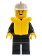 Minifig No: firec025  Name: Fire - Flame Badge and Straight Line, Black Legs, White Fire Helmet, Life Jacket
