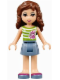 Minifig No: frnd0073  Name: Friends Olivia (Light Nougat) - Sand Blue Skirt, Green Top with White Stripes