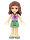 Minifig No: frnd0074  Name: Friends Olivia (Light Nougat) - Sand Green Skirt, Lavender Top with Red Cross Logo and Scarf
