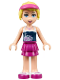 Minifig No: frnd0083  Name: Friends Stephanie - Magenta Layered Skirt, Dark Blue Top, Hair with Visor