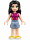 Minifig No: frnd0149  Name: Friends Emma - Sand Blue Shorts, Magenta Top with Yellow and Dark Purple Stripes