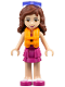 Minifig No: frnd0151  Name: Friends Olivia (Light Nougat) - Magenta Layered Skirt, Sand Green Knotted Blouse Top over Magenta and Pink Striped Shirt, Life Jacket, Sunglasses