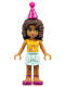 Minifig No: frnd0165  Name: Friends Andrea - Light Aqua Layered Skirt, Bright Light Orange Top with Music Notes, Magenta Party Hat
