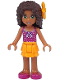 Minifig No: frnd0208  Name: Friends Andrea - Bright Light Orange Layered Skirt, Magenta Top with White Polka Dots and Bow, Bright Light Orange Flower