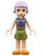 Minifig No: frnd0291  Name: Friends Mia - Olive Green Shorts, Dark Purple Top with Diamonds and Triangles, Lavender Ski Helmet with Red Hair