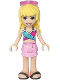 Minifig No: frnd0330  Name: Friends Stephanie - Bright Pink Layered Skirt, Magenta and Medium Blue Swimsuit Top, Sunglasses