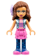 Minifig No: frnd0332  Name: Friends Olivia (Nougat) - Dark Pink Skirt and Dark Blue Leggings, Dark Pink Top, Blue Jacket, Bow